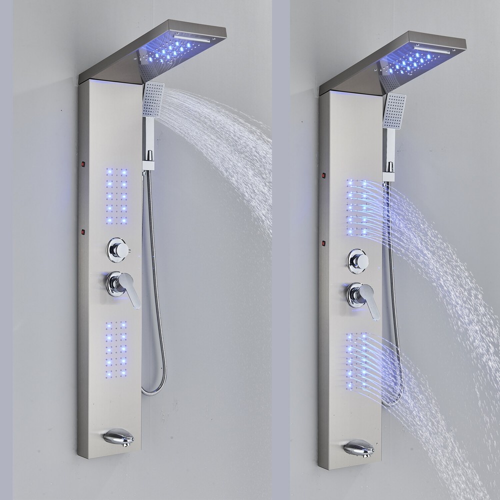 LED Shower Panel Tower System Rain&Waterfall Massage Body Jets Brushed Nickel