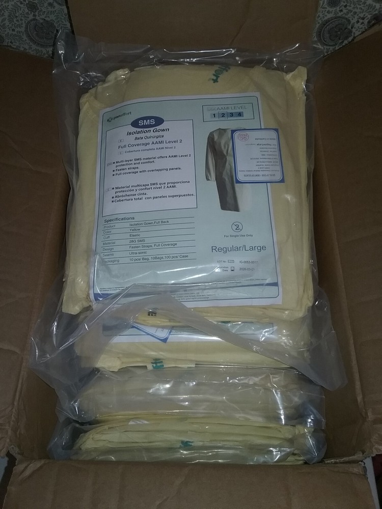 100 Paneffort SMS Isolation Gown Full Coverage AAMI Level 2 Yellow Regular/Large