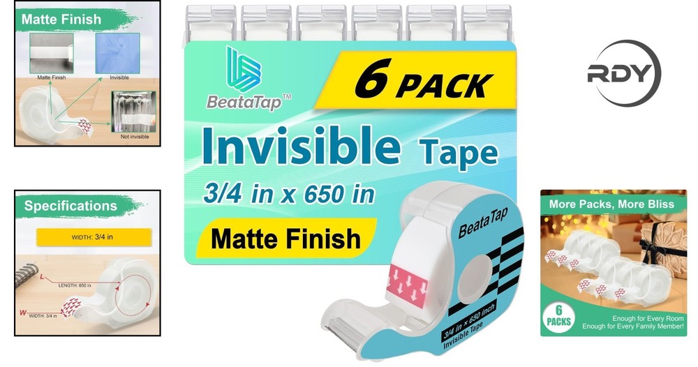 Value Pack Invisible Tape - 6 Rolls for Smooth Wrapping, Writable & Easy to Use