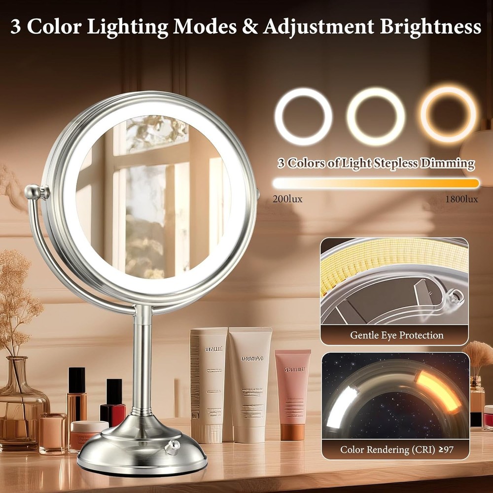 Professional 8.5" Large Lighted Makeup Mirror with 3 Color Dimmable Lights