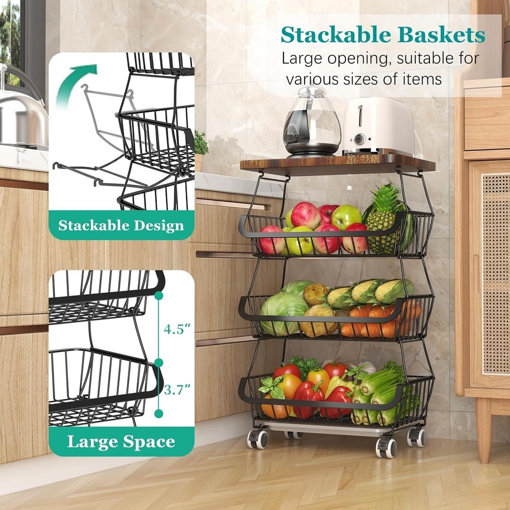 Fruit Basket with Wooden Lid,4 Tier Stackable Fruit and Vegetable Storage Basket