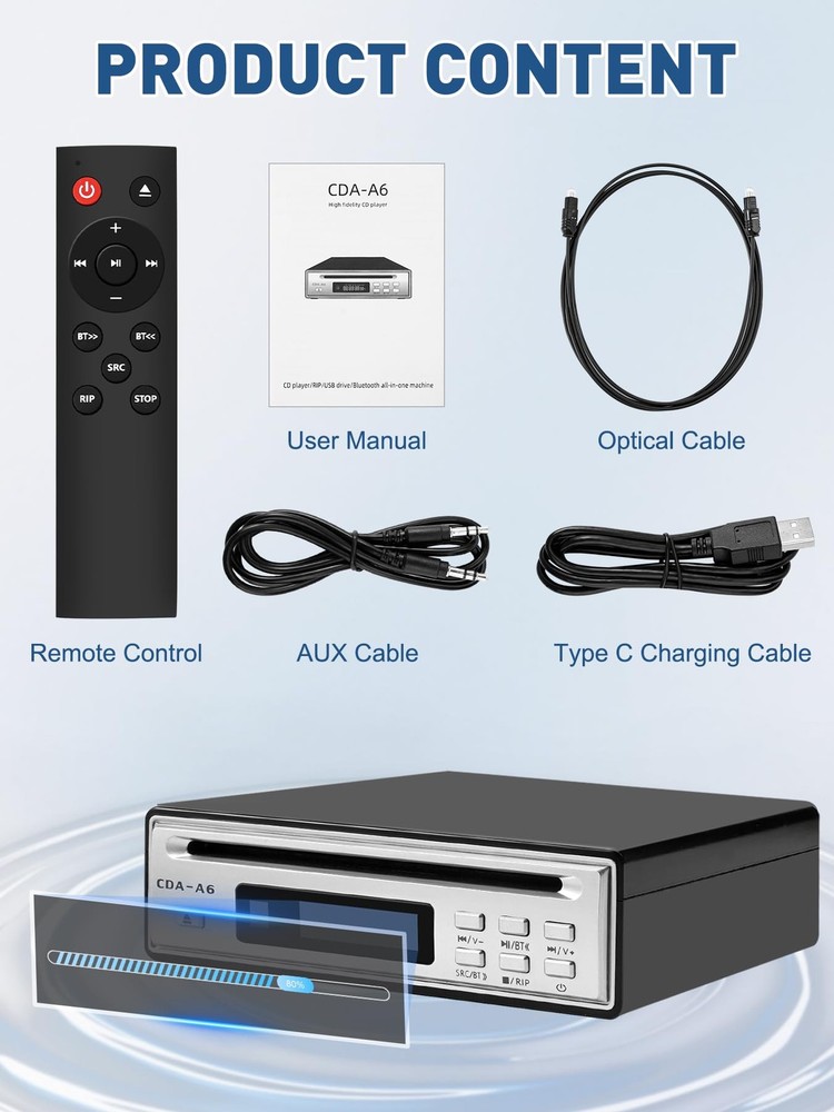 CD Player Bluetooth Car/Home USB Ripper External Hi-Fi Optical AUX Output