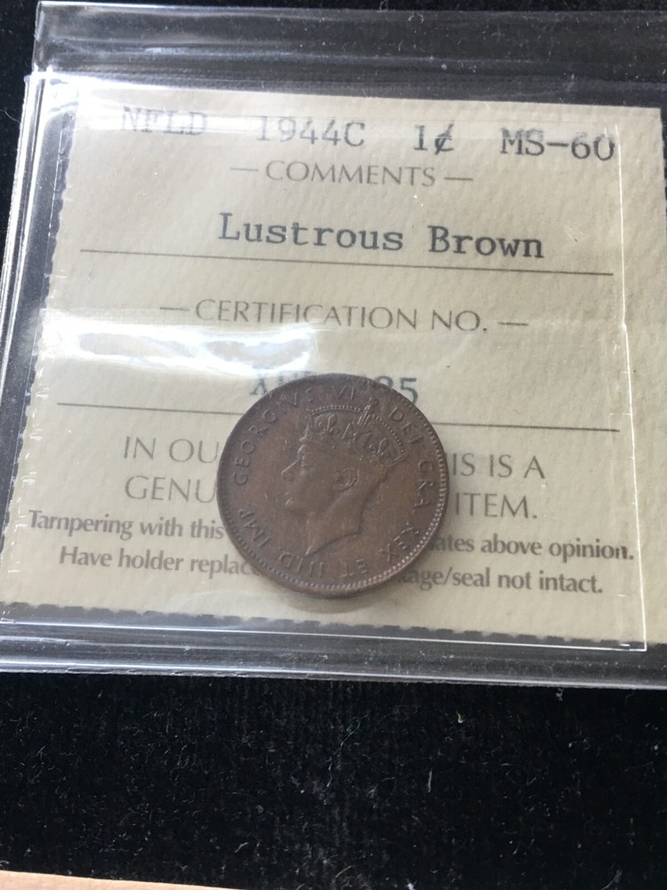 1944c, ICCS Graded Newfoundland, Small One Cent, **MS-60** XFD-635