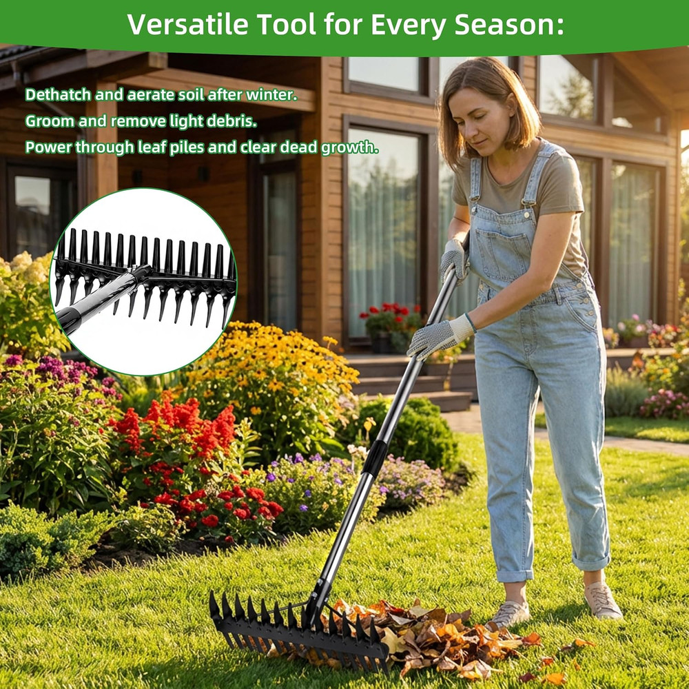 Thatch Rake for Lawns 36-63'' Stainless Steel Adjustable Handle for Dethatching