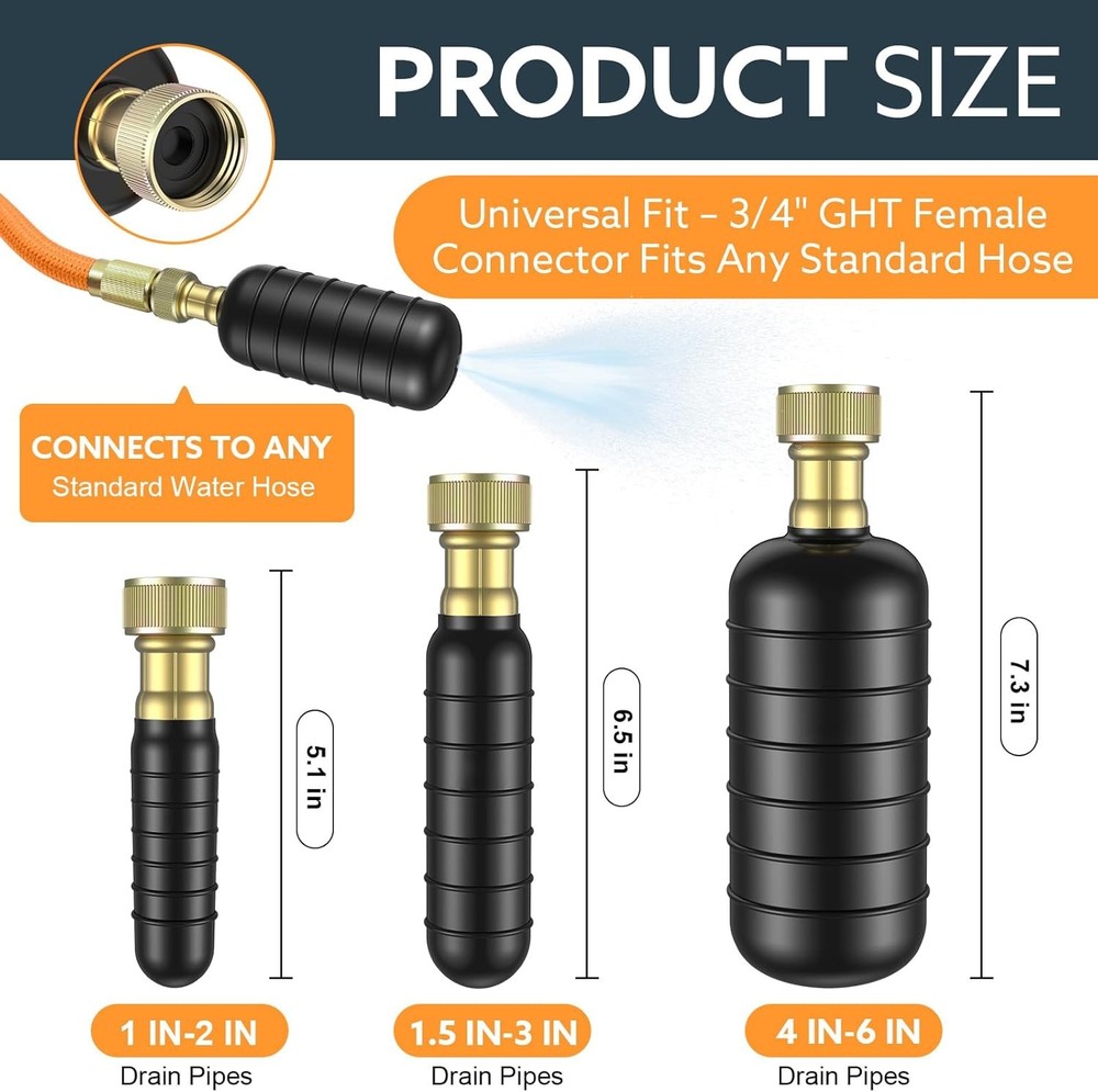 3-Pack Drain Bladder Kit, Water-Powered Rubber Drain Cleaning Bladder