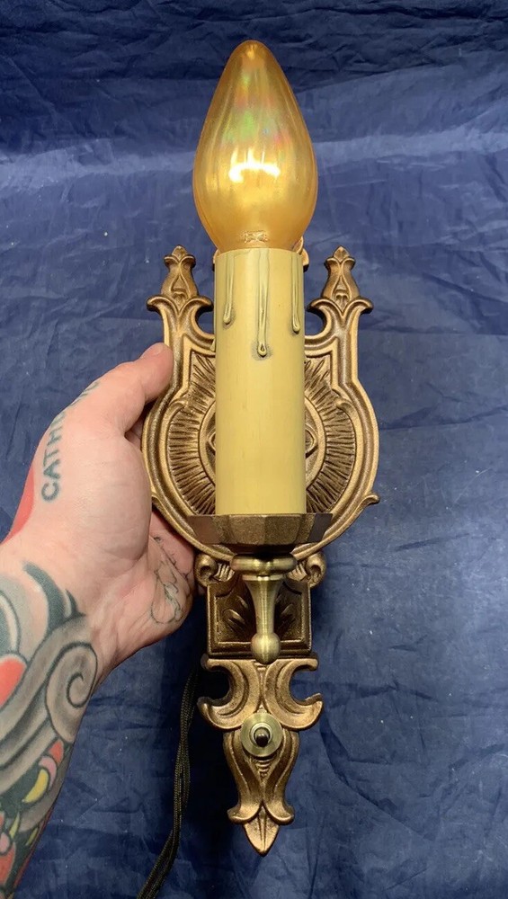 Nice Pair Polychrome Antique Wall Sconce Fixtures Rewired 26J