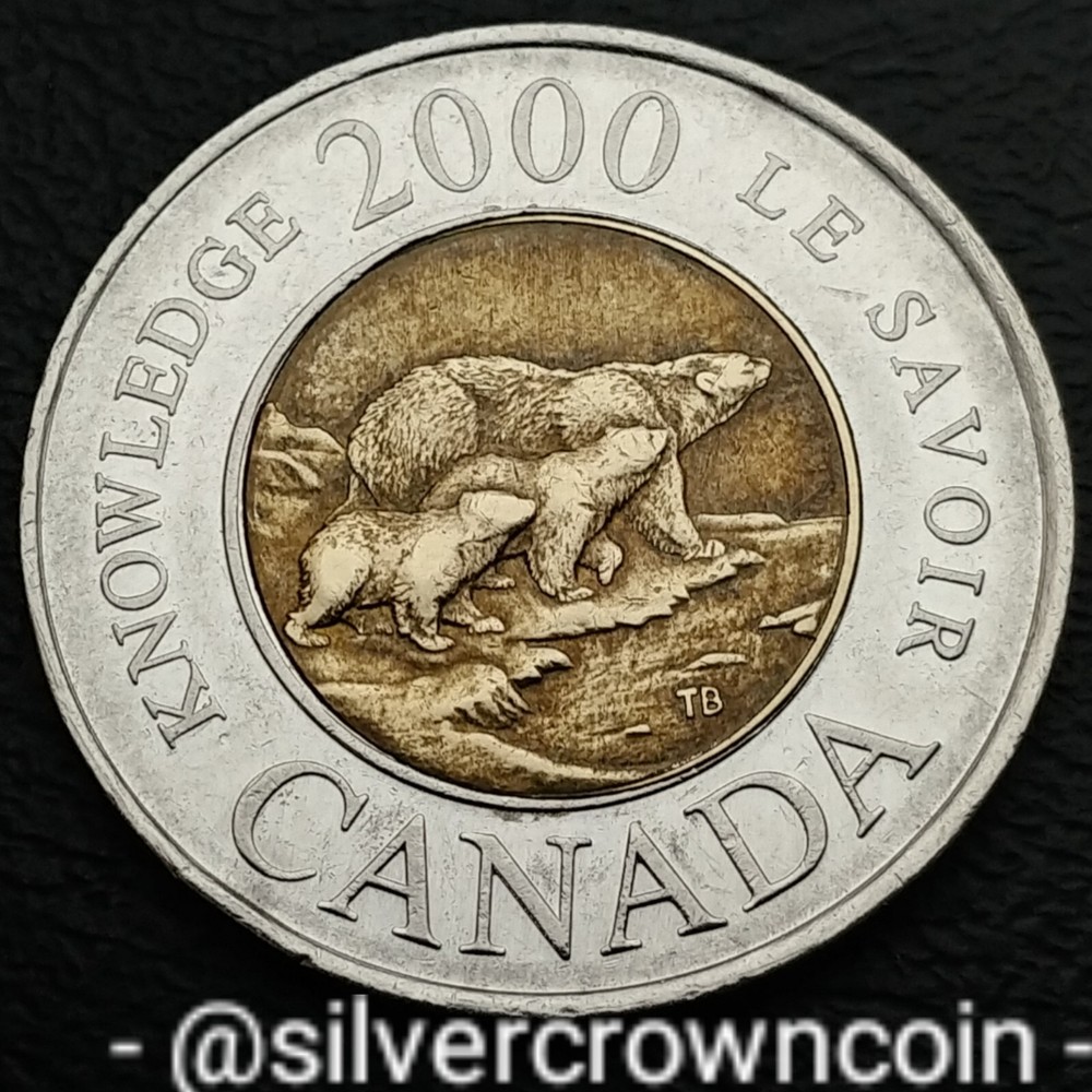 Canada 🇨🇦 2 Dollars 2000. Bi-metallic 2$ coin. Polar Bear Two Cubs. Knowledge.