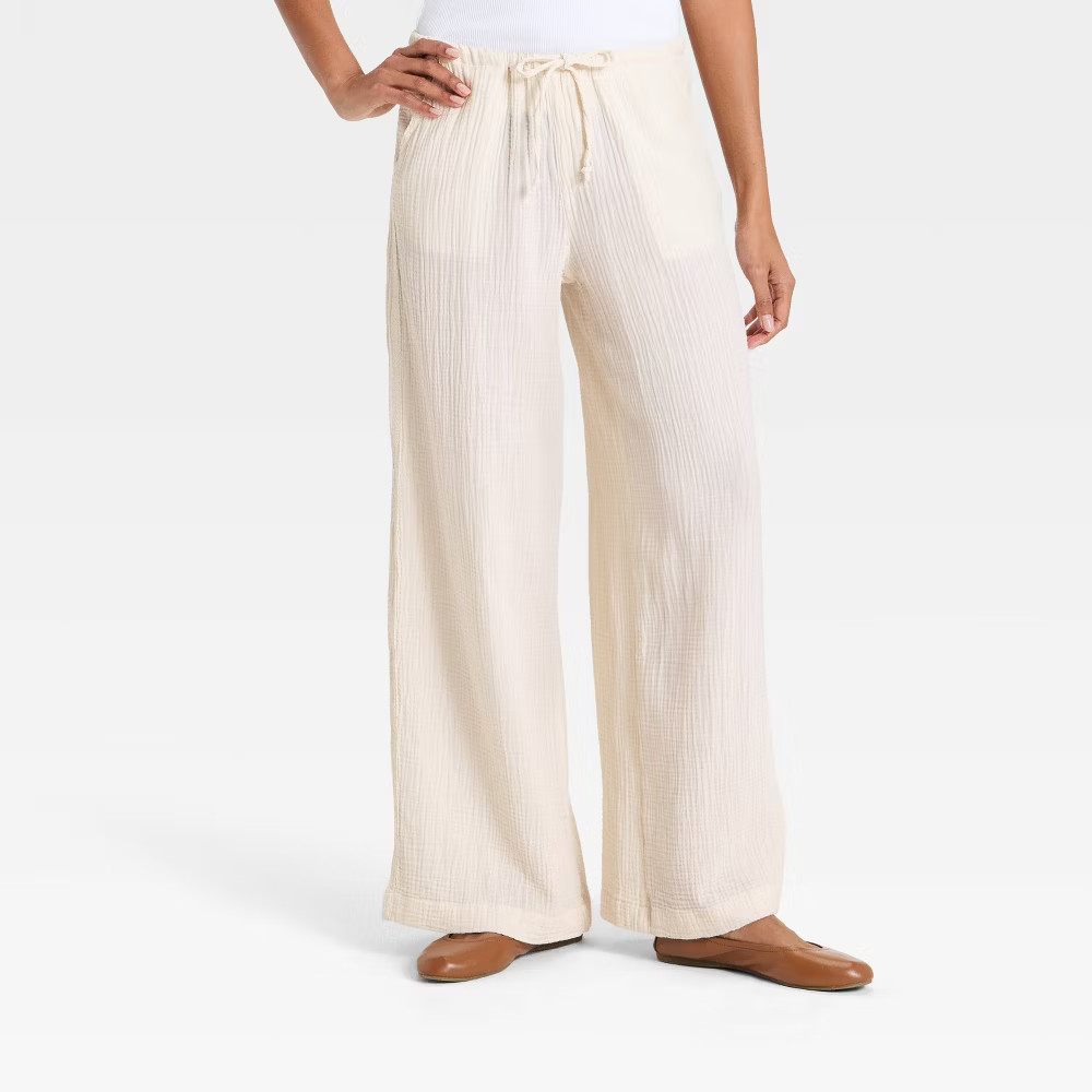 Women's Mid-Rise Drawstring Wide Leg Pull-On Pants - Universal Thread