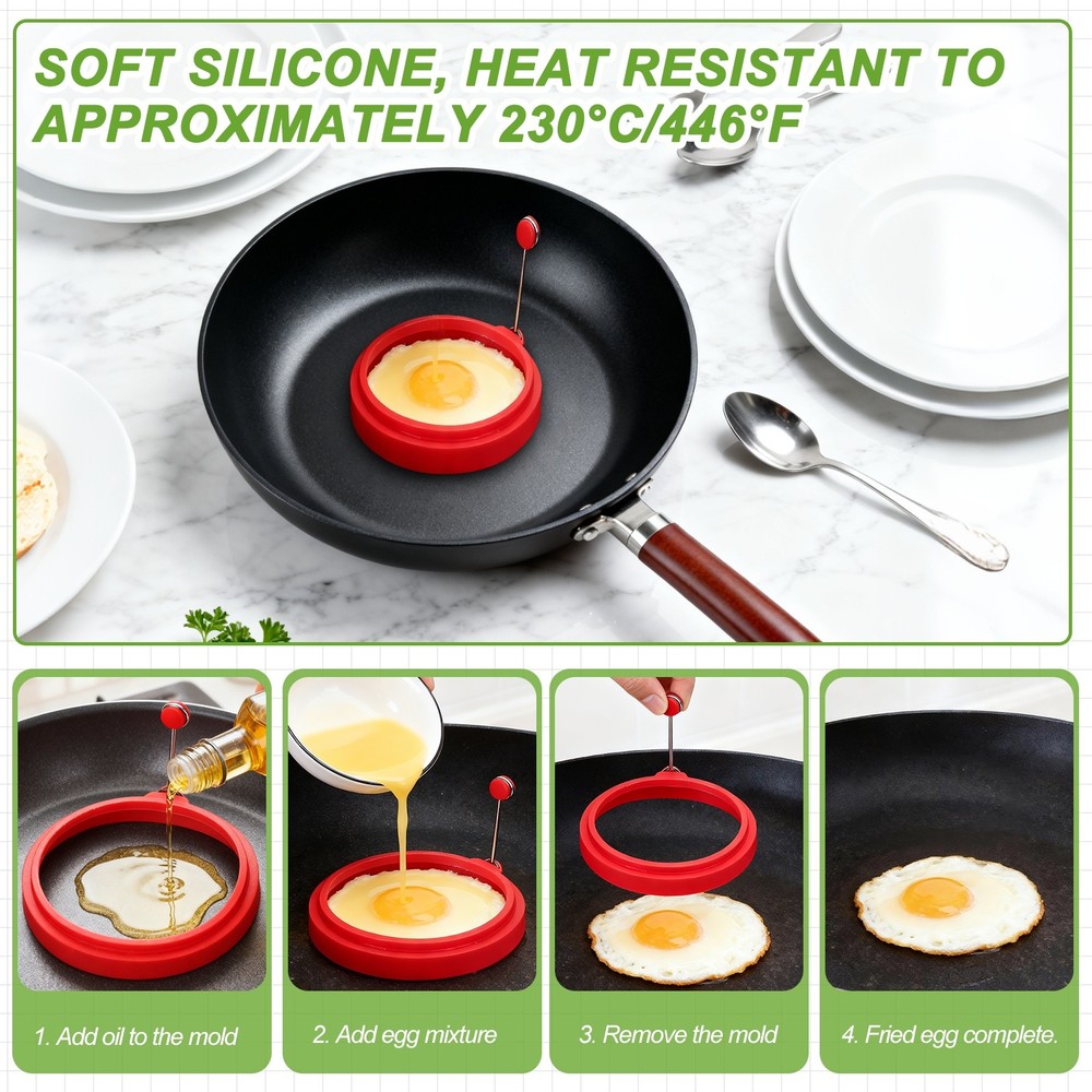 4 Pcs Round Egg Rings, Silicone Egg Pancake Rings Set, Red