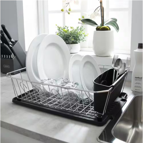 Dish Drainer Rack with Water Mat, 3-Piece, Chrome