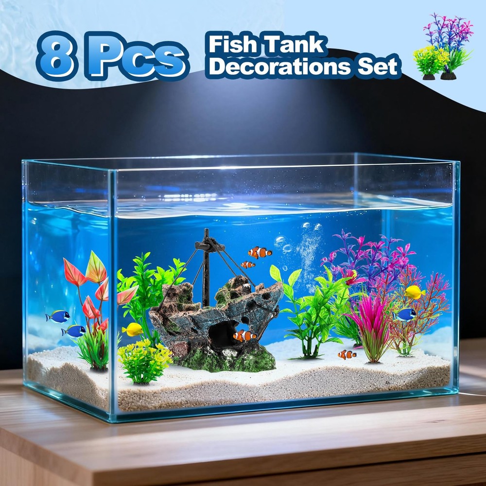 Xereooe 8Pcs Fish Tank Decorations Set Sunken Ship Multicolored