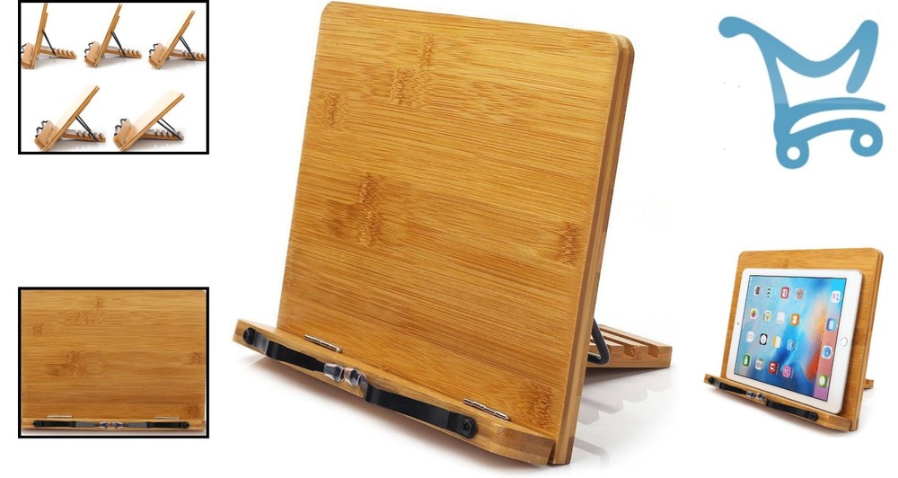 Bamboo Book Stand Adjustable Holder Tray Page Clips Foldable Portable Reading