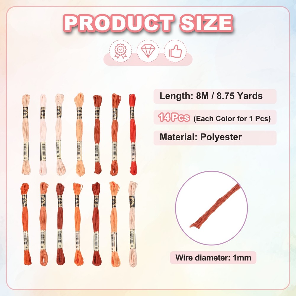 14 Skeins Embroidery Floss, Polyester Threads Multicolored Bright Red