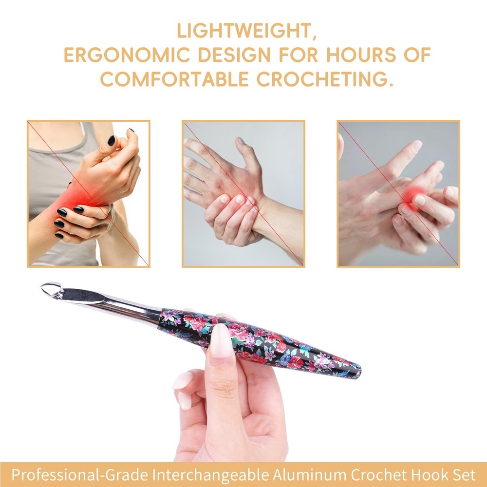 Interchangeable Crochet Hook Set Aluminum Inline Crochet Hooks Ergonomic Hand...