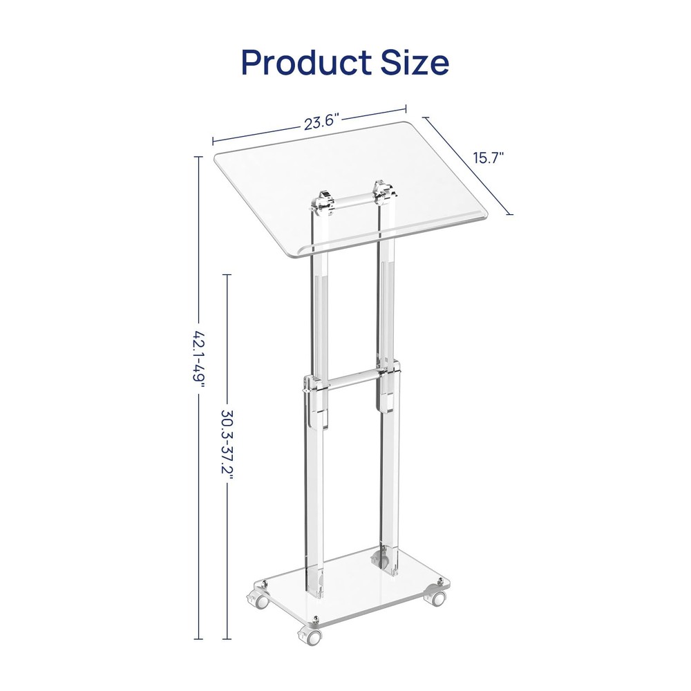 Acrylic Podium Stand with Lockable Wheels, Angle & Height Adjustable, Clear R...