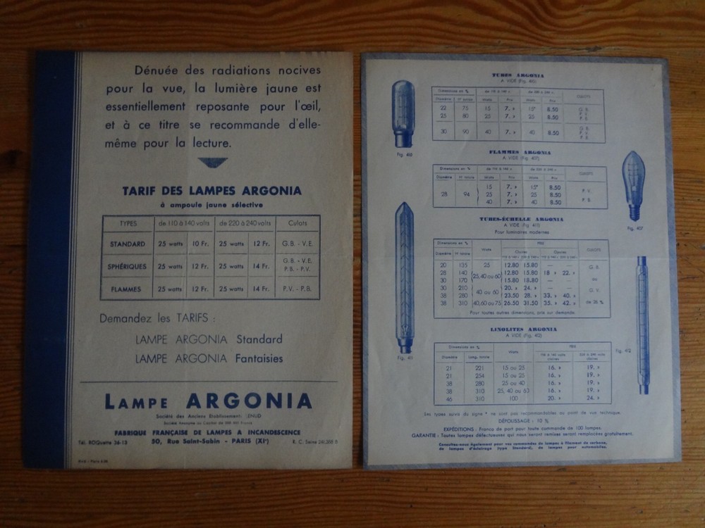 ARGONIA Lamp: Pub & Tariff 1936 -