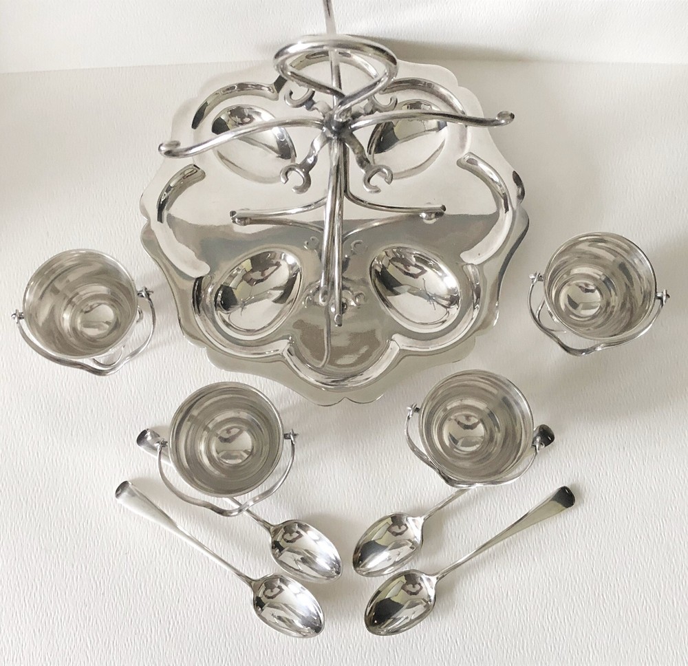 Antique English England SilverPlate Breakfast Egg Serving Caddy Hanging Baskets