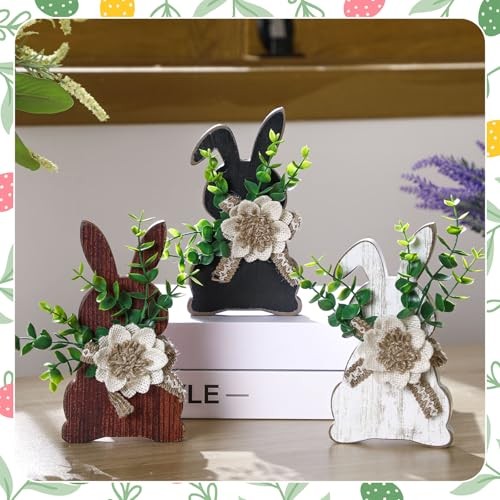 Yousoontic 3 Pcs Easter Table Decorations Rustic Wooden Easter Front Bunny