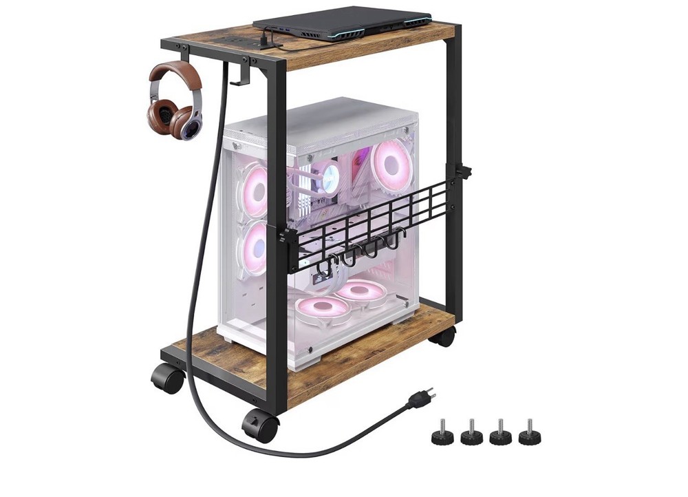 Height Adjustable Computer Tower Stand with USB Charging Port & Locking Wheels -