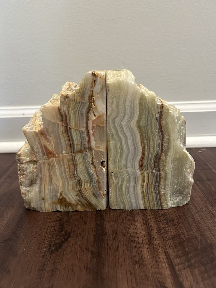 Vintage Heavy Solid Onyx Bookends Banded Stone Mid Century Decor