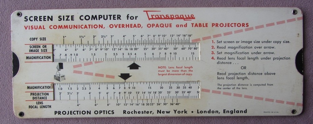 1957 Projection Optics Screen Size Computer for Transpaque Projectors Selector