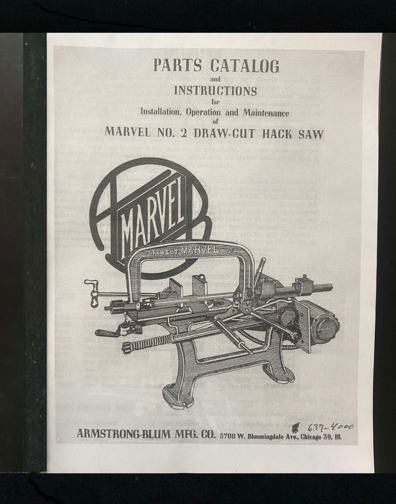 Draw-Cut Hack Saw Operation & Maint Manual Fits Armstrong Marvel #2  - Printed M