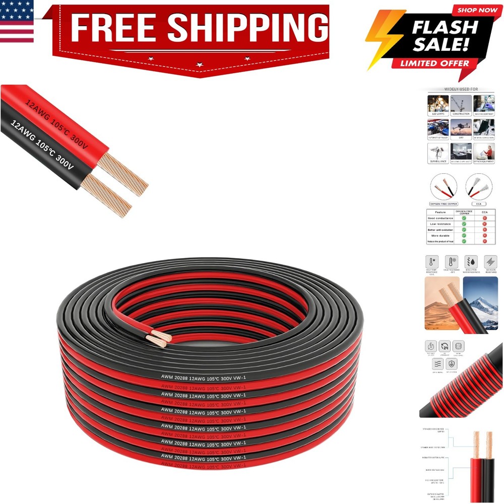 12 Gauge 2 Conductor Flexible Parallel Electrical Wire 10ft Red Black Low Vol...
