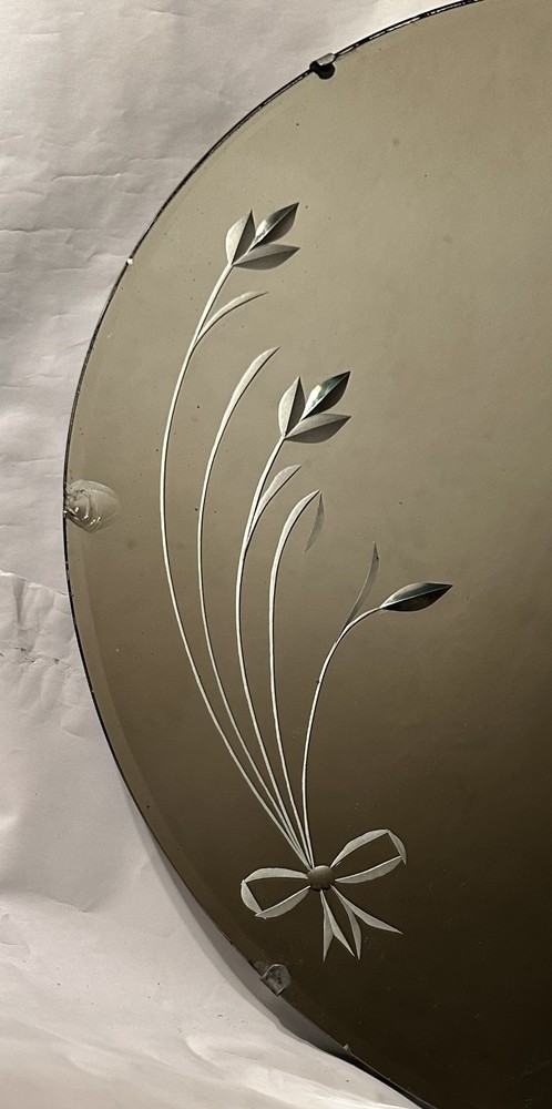 ART DECO ETCHED BEVELED CIRCULAR 24" WALL MIRROR 1940s