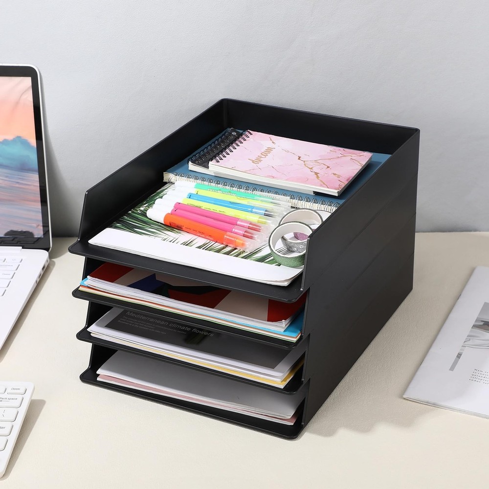6 PCS Stackable Paper Trays Rectangular Plastic Desk Holder File Storage Black