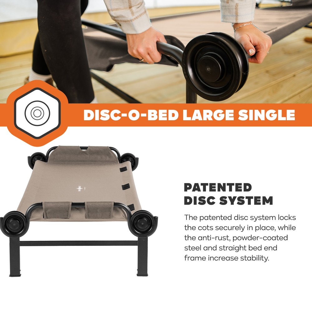 Disc-O-Bed Single Cot, Portable Sleep Solution for Tents & Cabins, Tan, Large