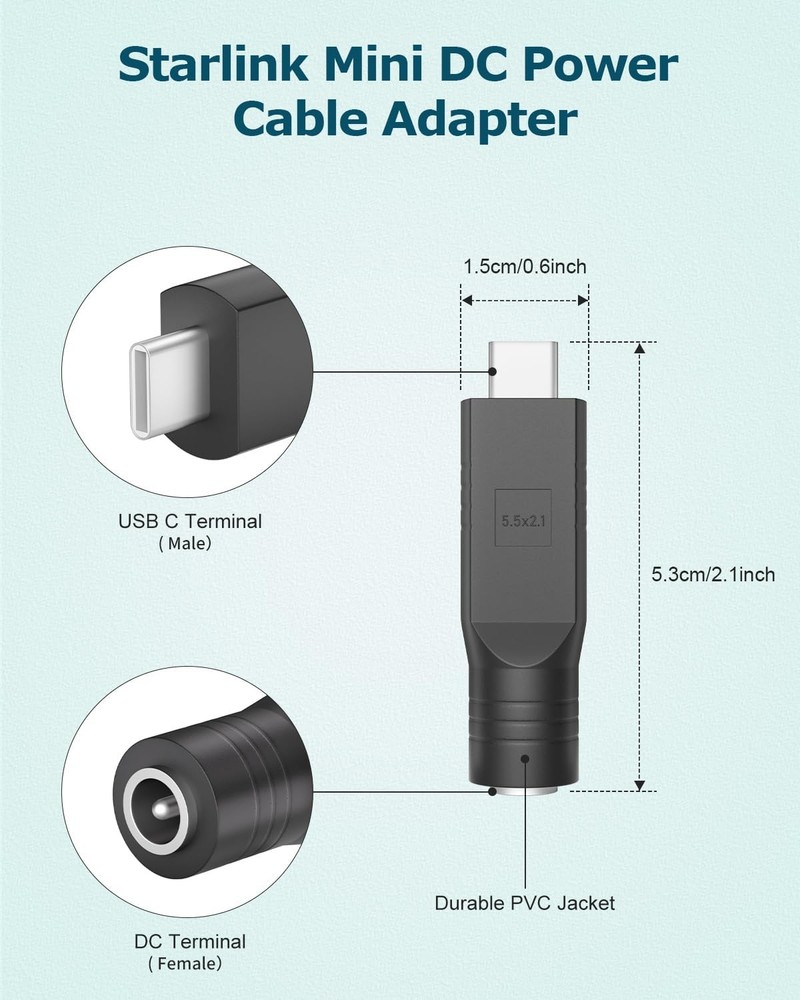 2 PCS Starlink Mini Cable Adapter DC to USB Type C DC-USB C Connector