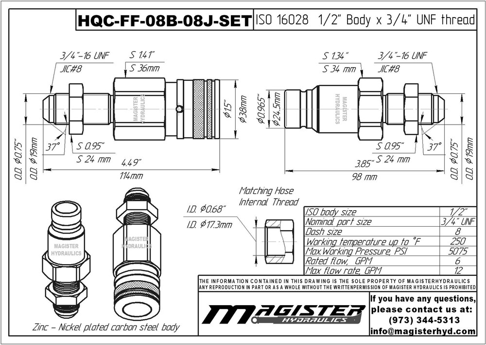 1/2″ Flat Face Hydraulic Quick Couplers Set - 1/2″ JIC Thread Bulkhead Mount