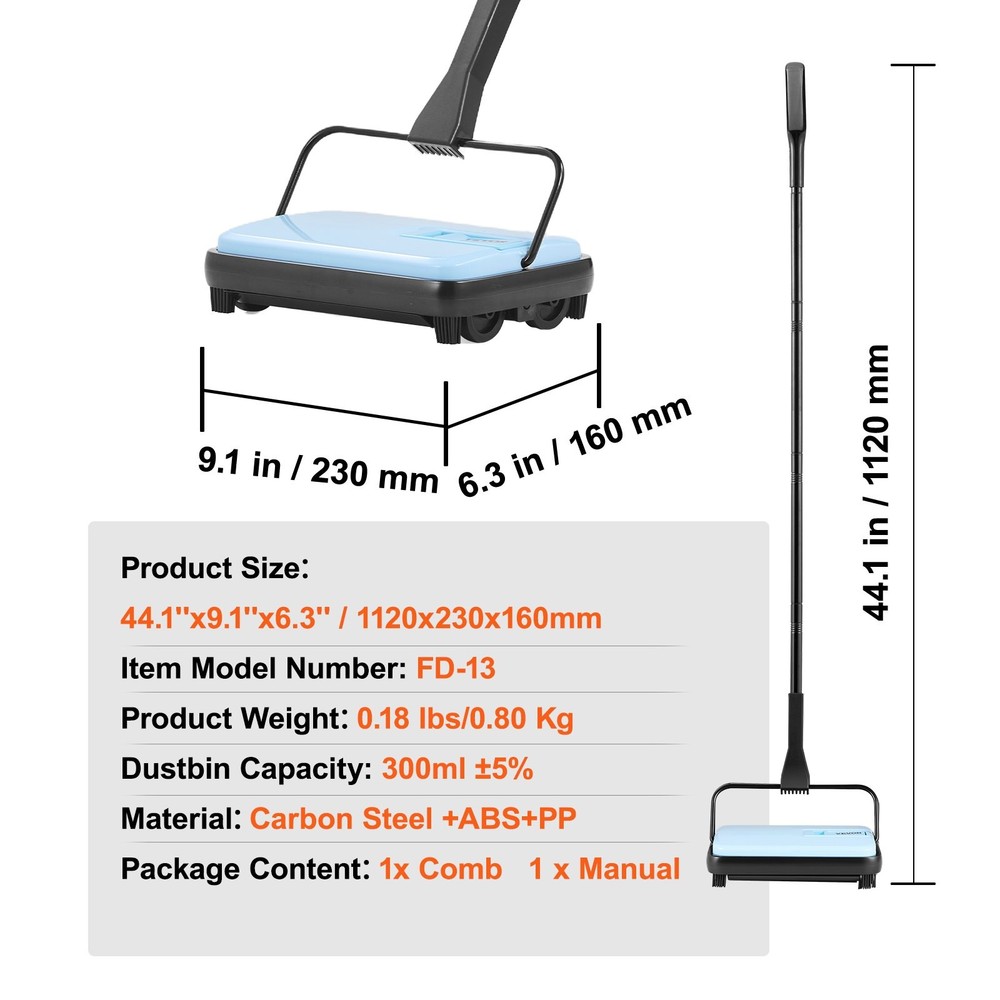 Carpet Sweeper Manual Floor Sweeper 300 ml Dustbin Capacity Easy Empty 6.7