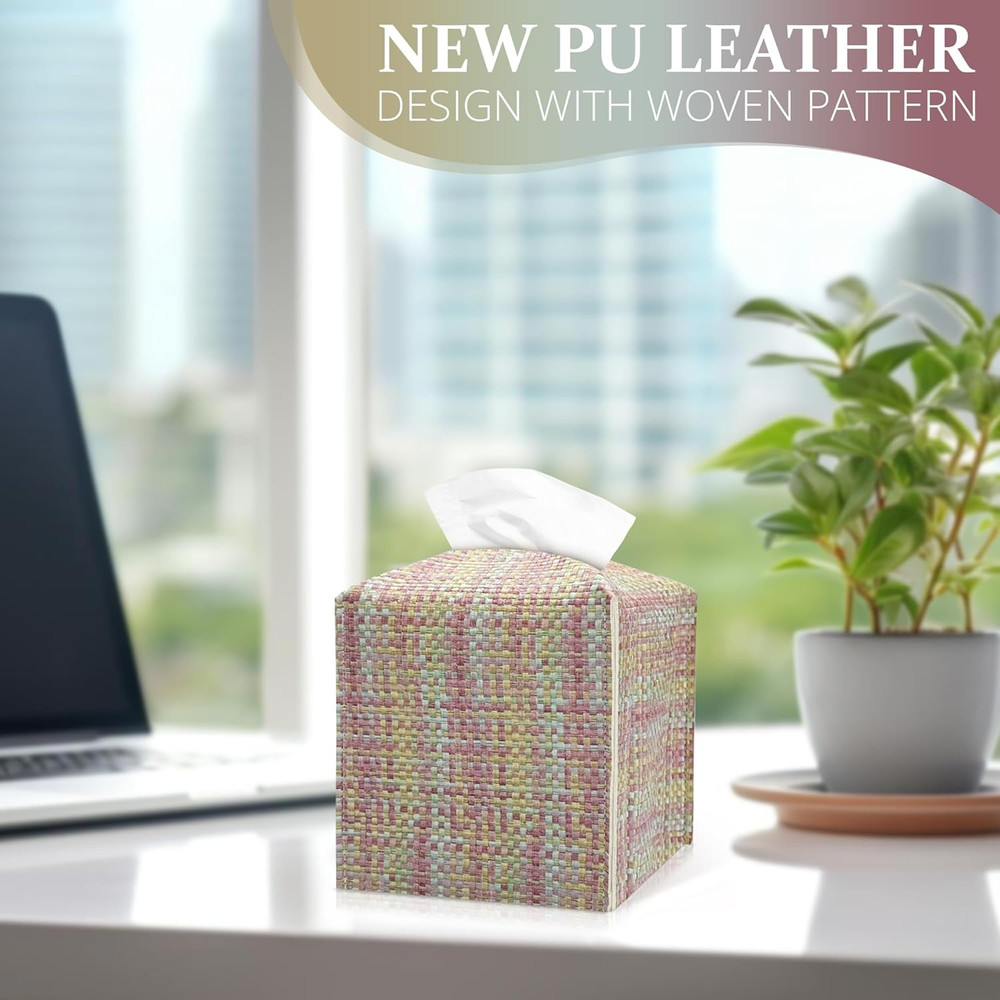 Tissue Box Cover, PU Leather Square Tissue Box Holder with Woven Pattern, Cube T