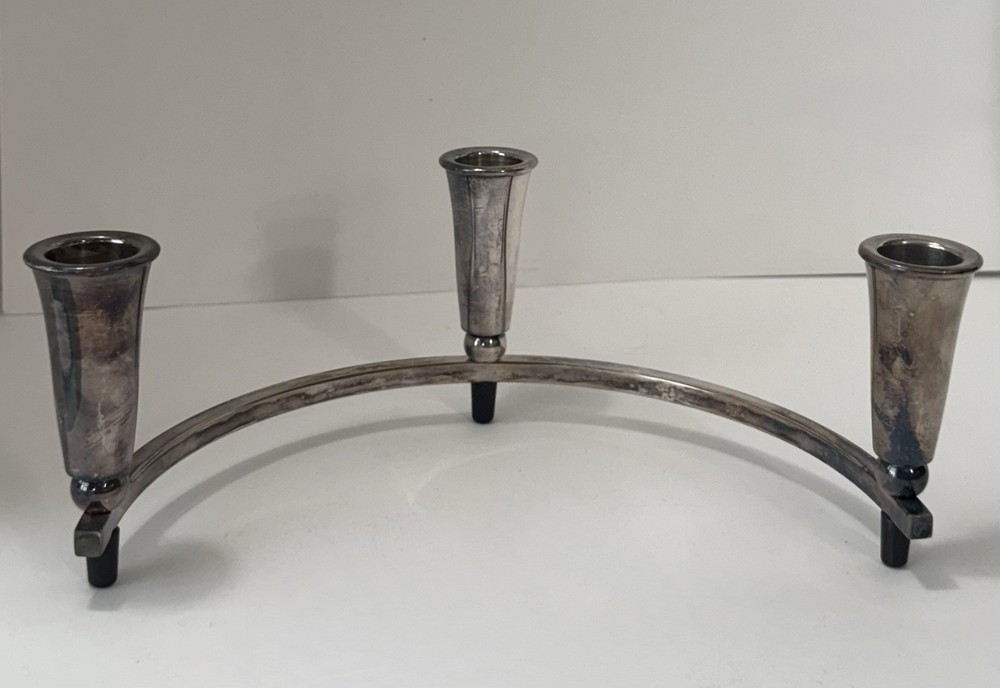 Vintage Mid-Century Modern Silverplate & Bakelite Half Circle Candelabra 2pc Set
