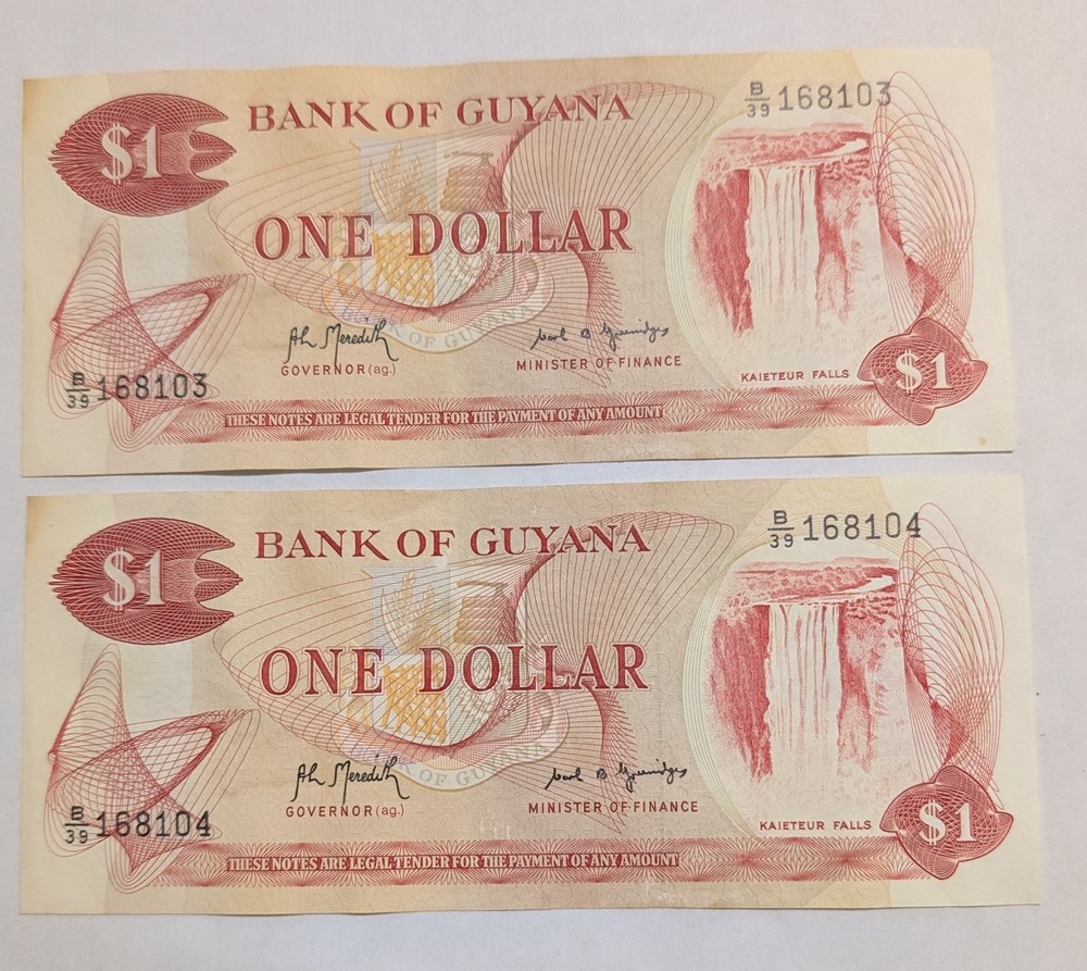 GUYANA ~ SEQUENTIAL SERIAL NUMBERS 1 DOLLAR NOTE LOT OF