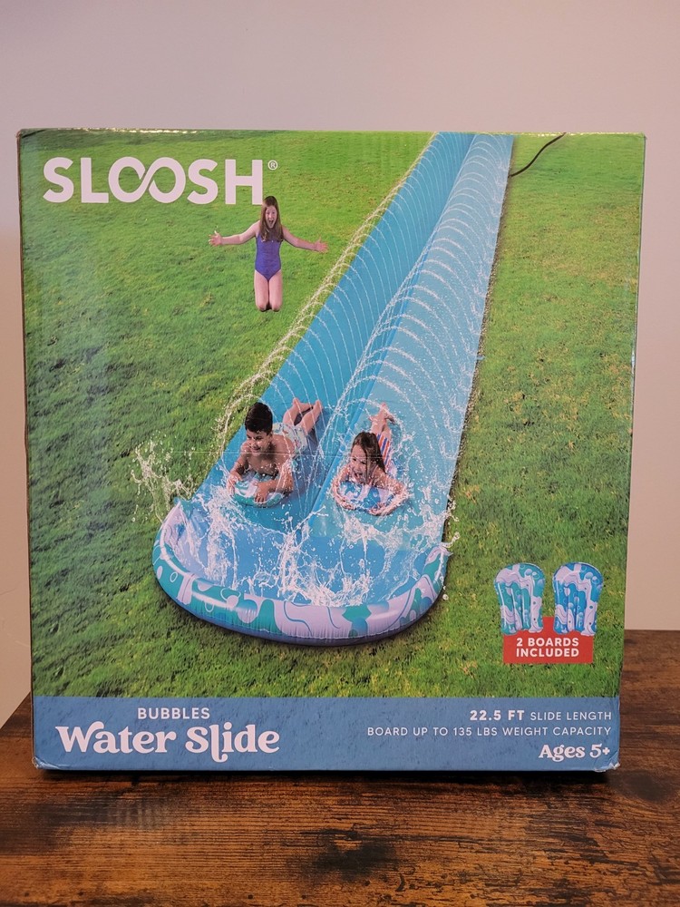 SLOOSH 22.5 FT DOUBLE WATER SLIDE BUILT IN SPRINKER INCLUDES 2 BOARDS & STAKES