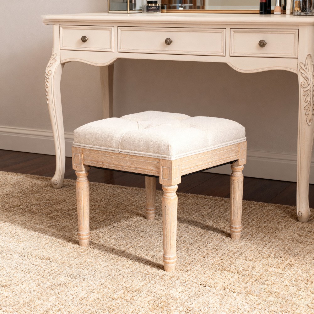 Beige Small Padded Bench Solid Wood Rattan Upholstered Vanity Stool
