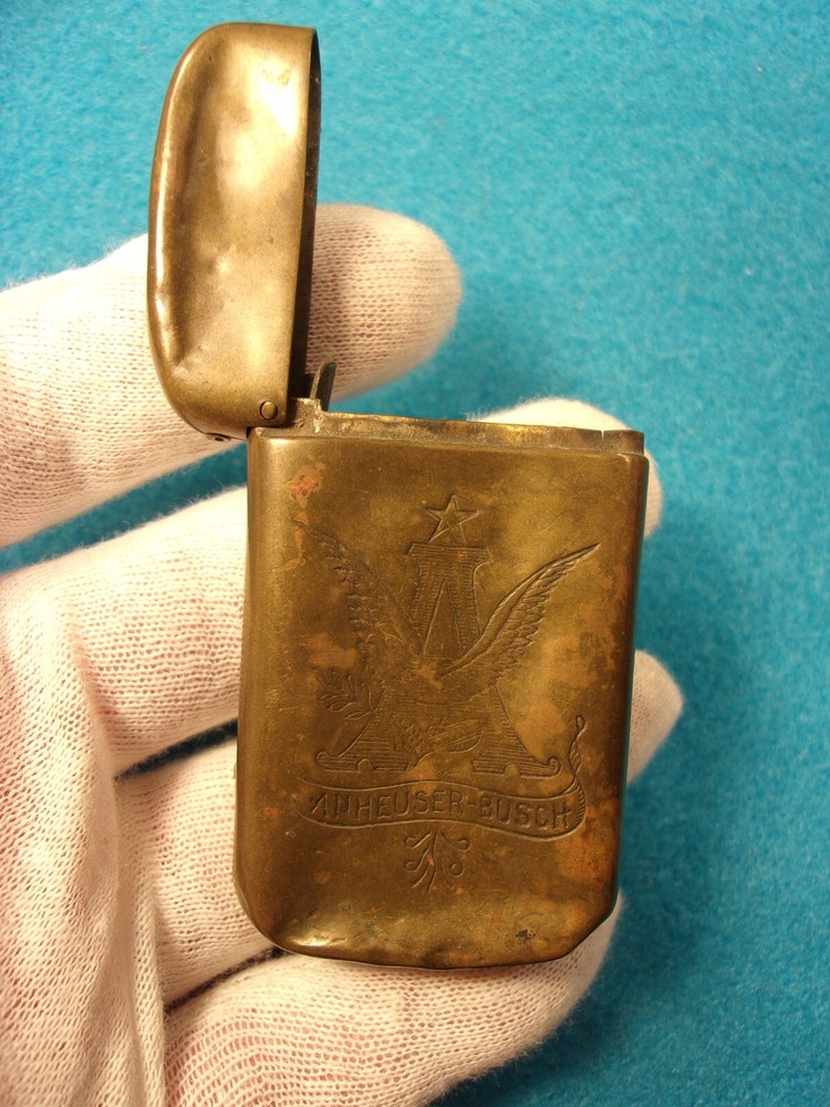 EXTREMELY RARE OLD VTG ANTIQUE SOLID BRASS "ANHEUSER BUSCH" MATCH SAFE / VESTA