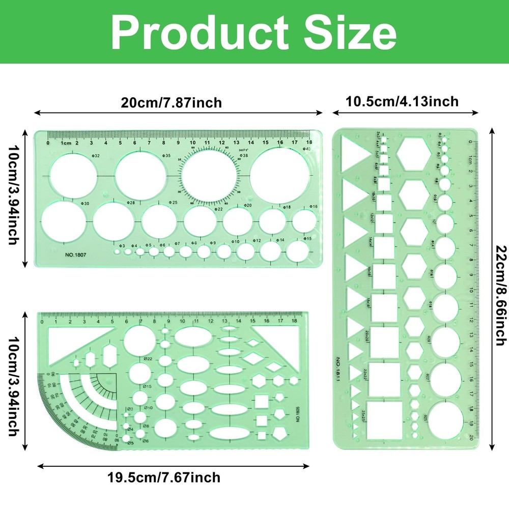 3 PCS Circle Template Clear Green Plastic Scale Drafting Digital Drawing Set ...