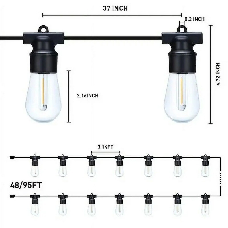 48FT LED Outdoor String Lights with Edison Shatterproof Bulbs