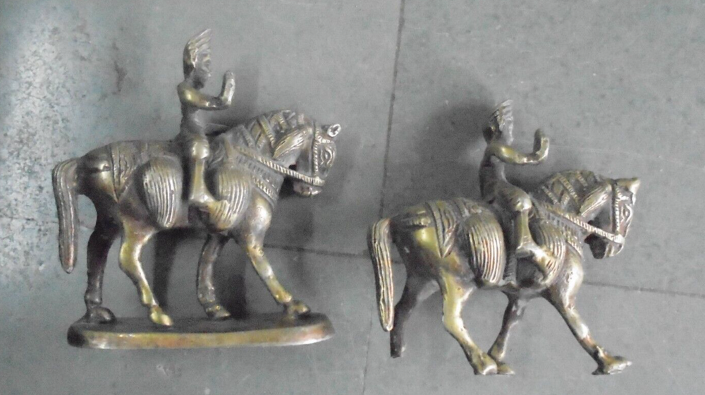 2 Pc Vintage Brass Engraved Handcrafted Solid Horse Rider Figurines