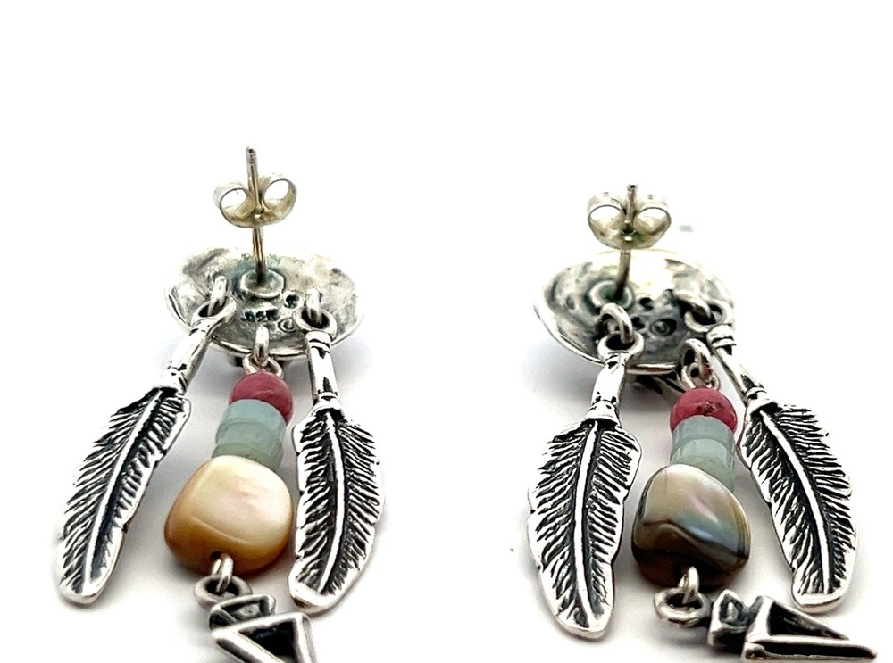 Designer Signed Eagle Raven Dangle Gemstone Feather Earrings 925 Sterling Silver