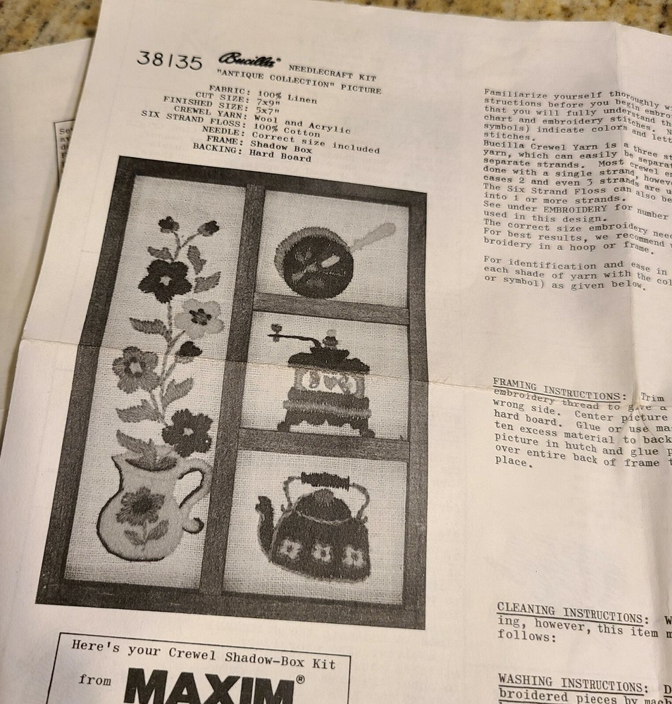 Bucilla Maxim Shadow Box Pattern Needlepoint. Grains Flowers Stove Kettle