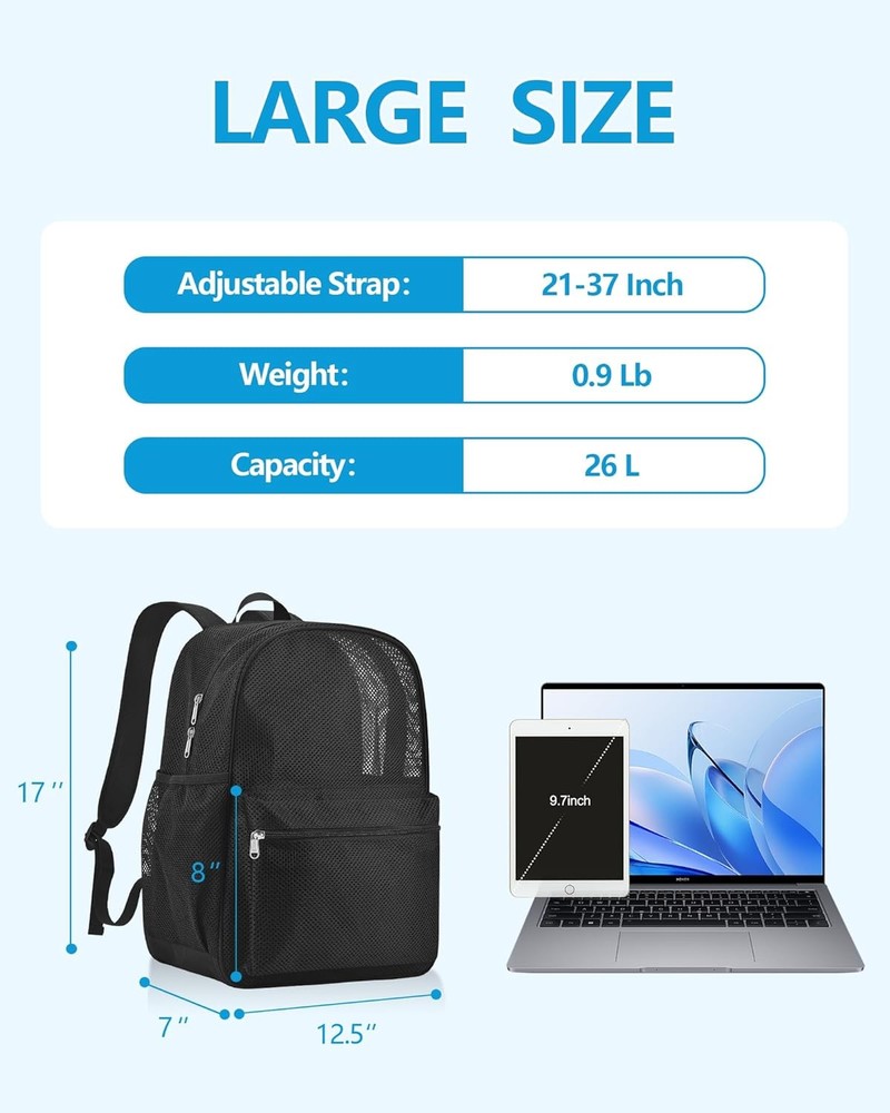 Paxiland Mesh Backpack Lightweight See Through College Student Black