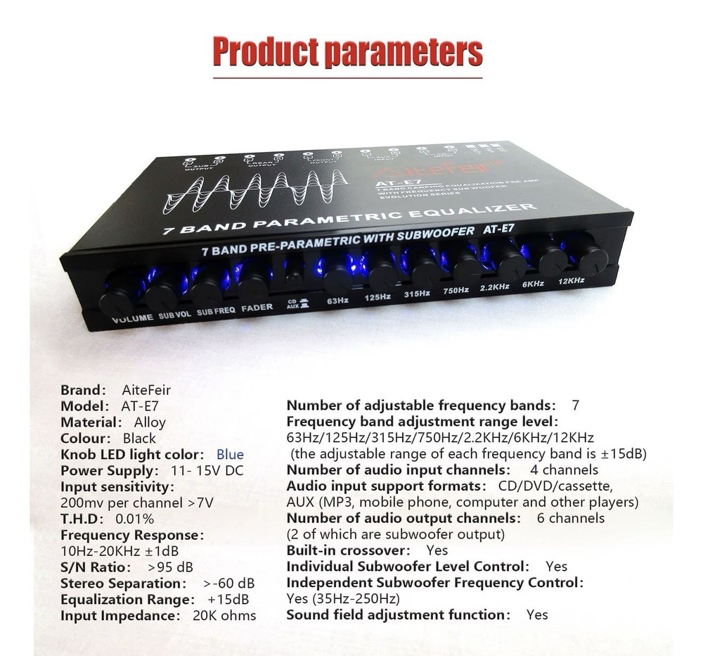 Altefer AT-E7 7-Band Parametric Equalizer designed for car audio systems.