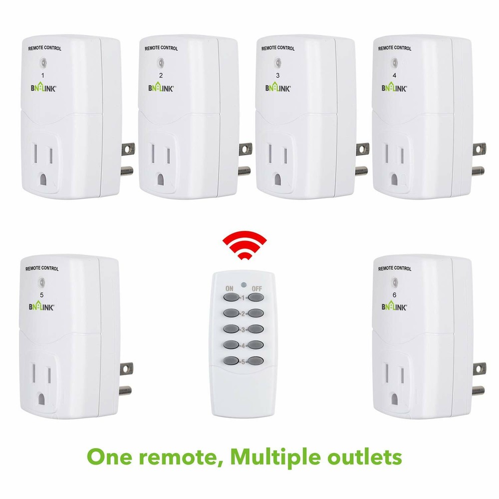 BN-LINK Indoor Wireless Remote Control Outlet Plug in with 2 Remotes +5 Sockets