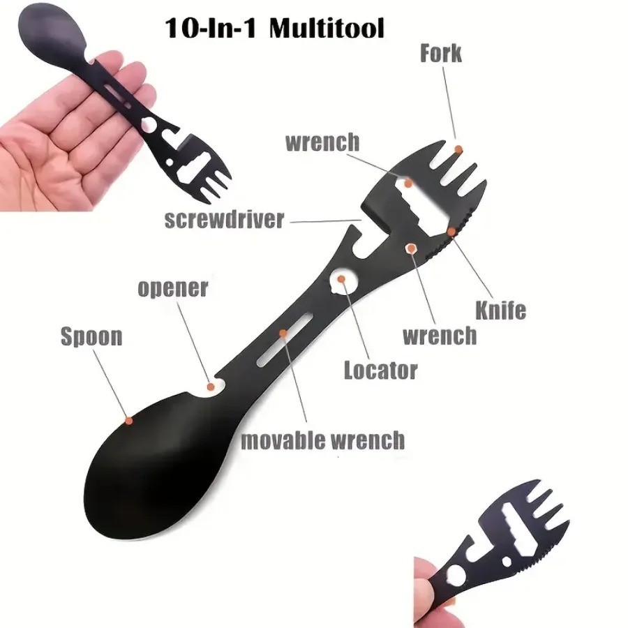 1pc Multifunction Camping Fork Spoon Bottle Opener Survival Tool Black - NEW