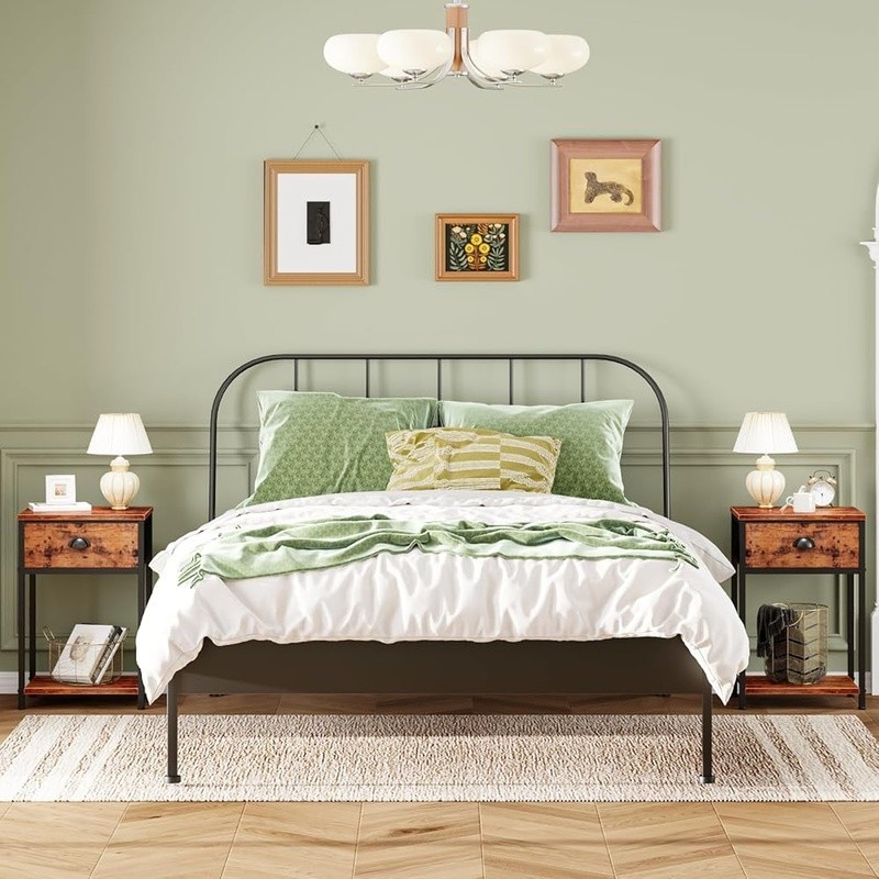 Sturdy Nightstand W/ Fabric Drawer Open Shelves Multi-function Side Table Brown