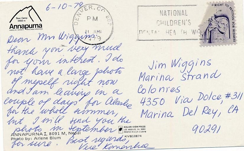 Vera Komarkova - Handwritten Signed Postcard (Mountaineer)